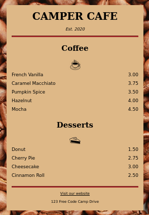 Screenshot of a Cafe menu